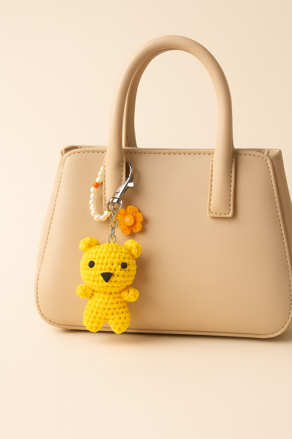 Crocheted Yellow Teddy Bear Keychain with Pearl Bead Loop