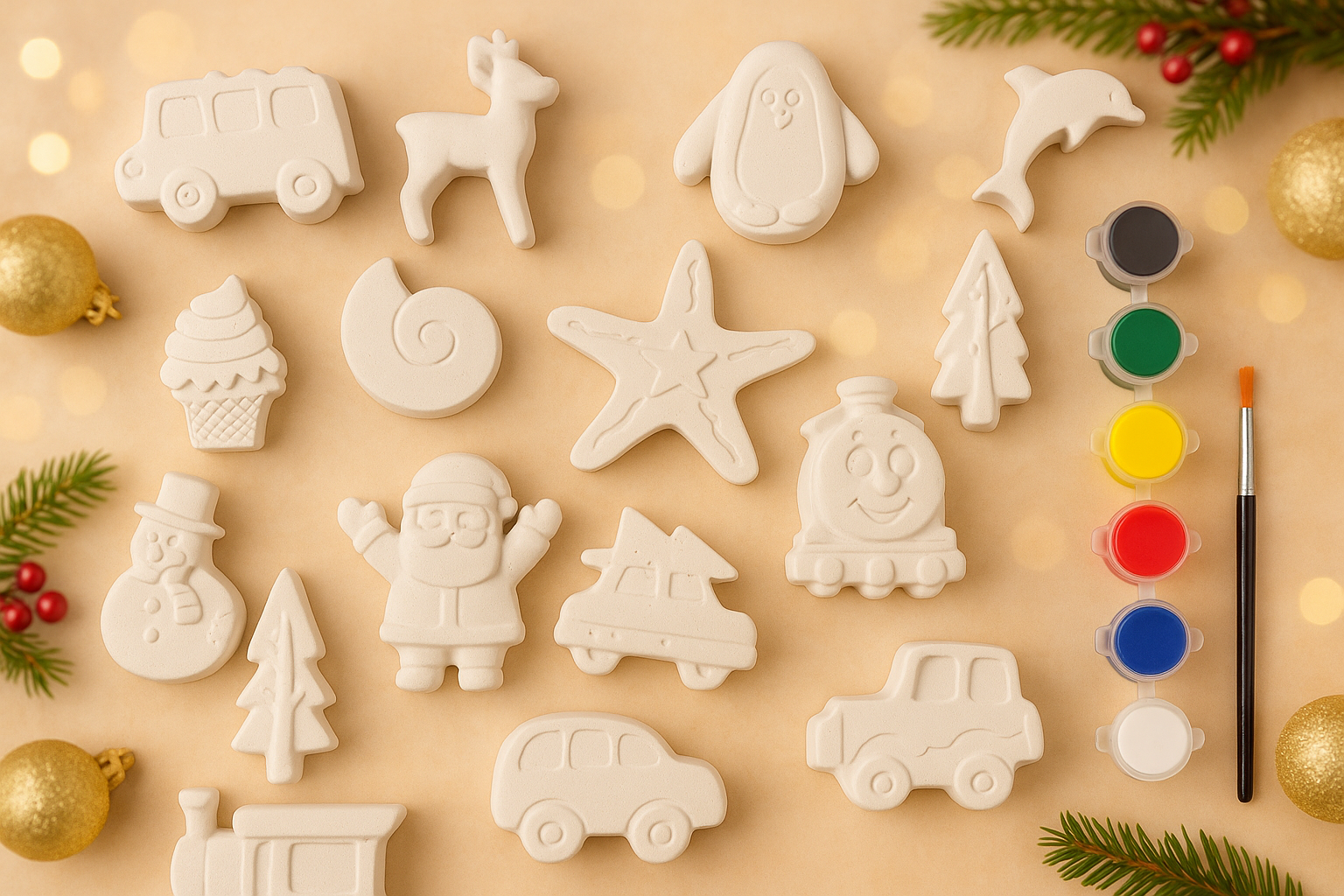 DIY POP Christmas Special Crafting Kit - 5 christmas themed big  shapes, 6 painting colors and a brush