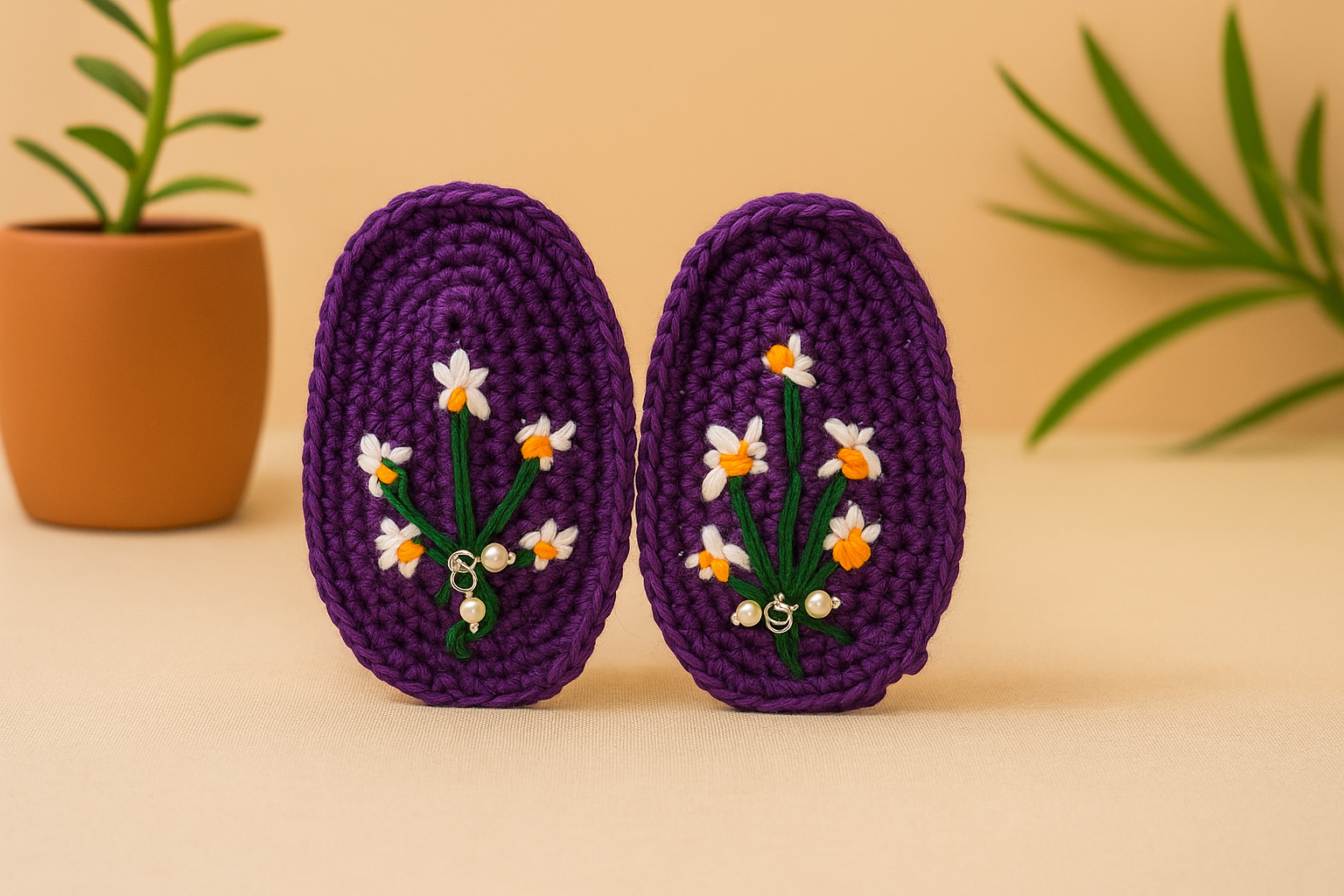 Handmade Purple Daisy Crochet Flower Hair Clips – Set of 2
