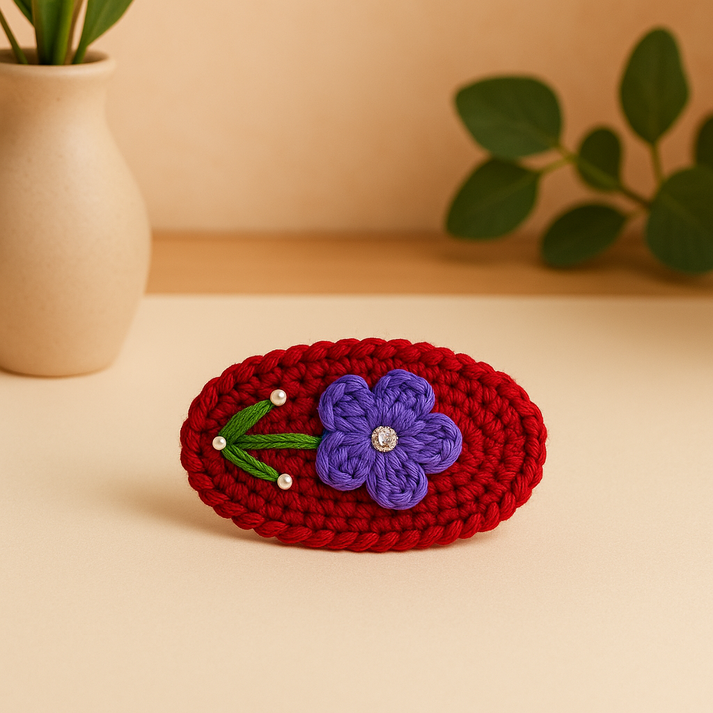 Handmade Red with Purple Flower Crochet Hair Clip