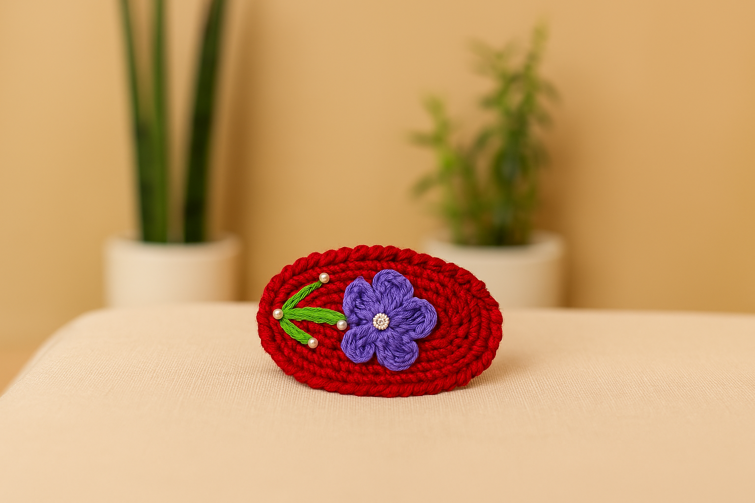 Handmade Red with Purple Flower Crochet Hair Clip