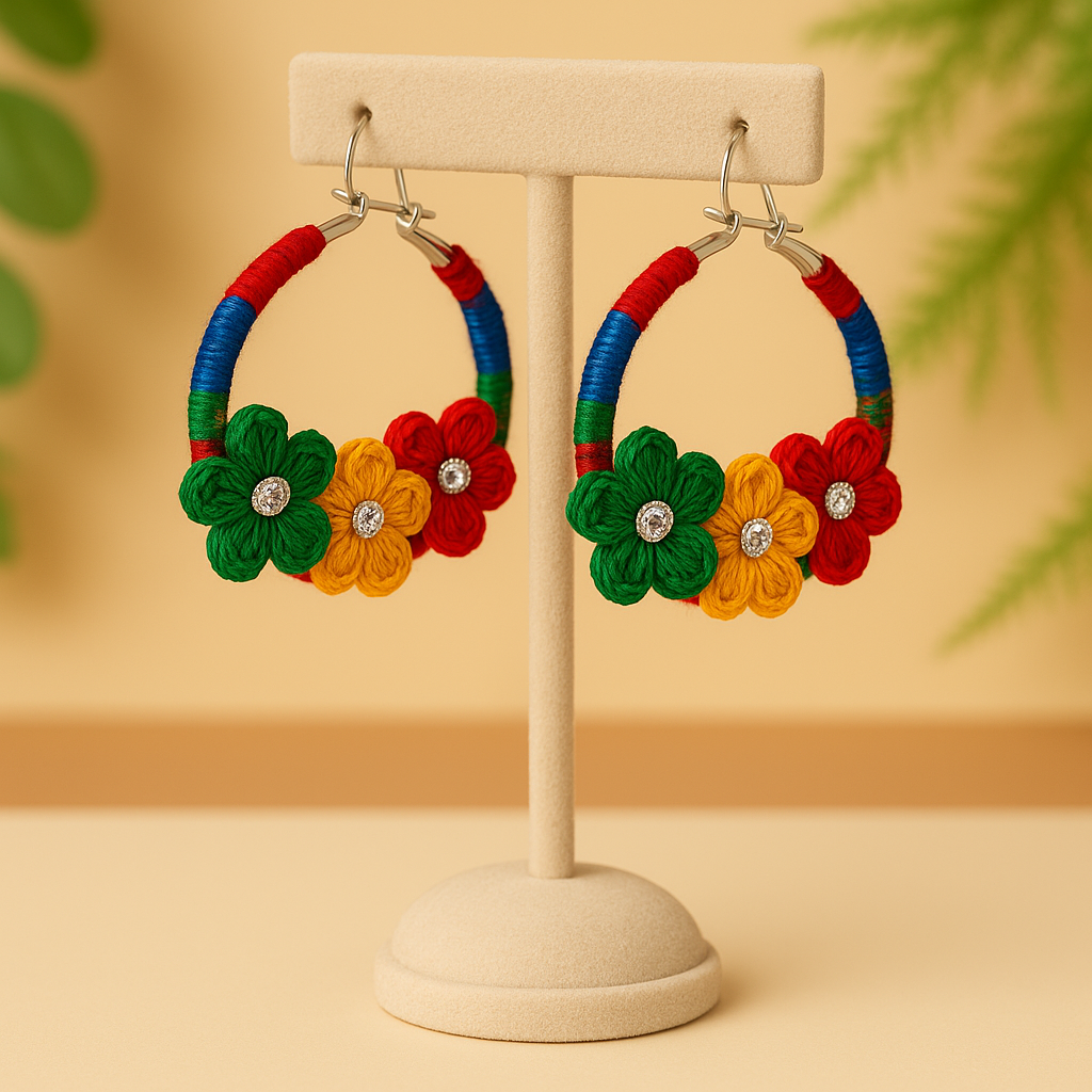 Handmade Multicolor Crochet Flower Hoop Earrings for Girls
