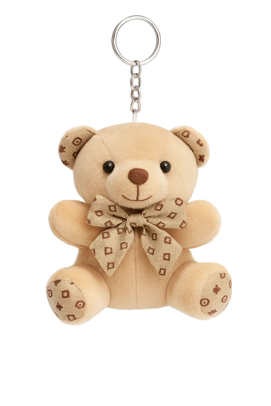 Beige teddy bear keychain with a bow on a white background
