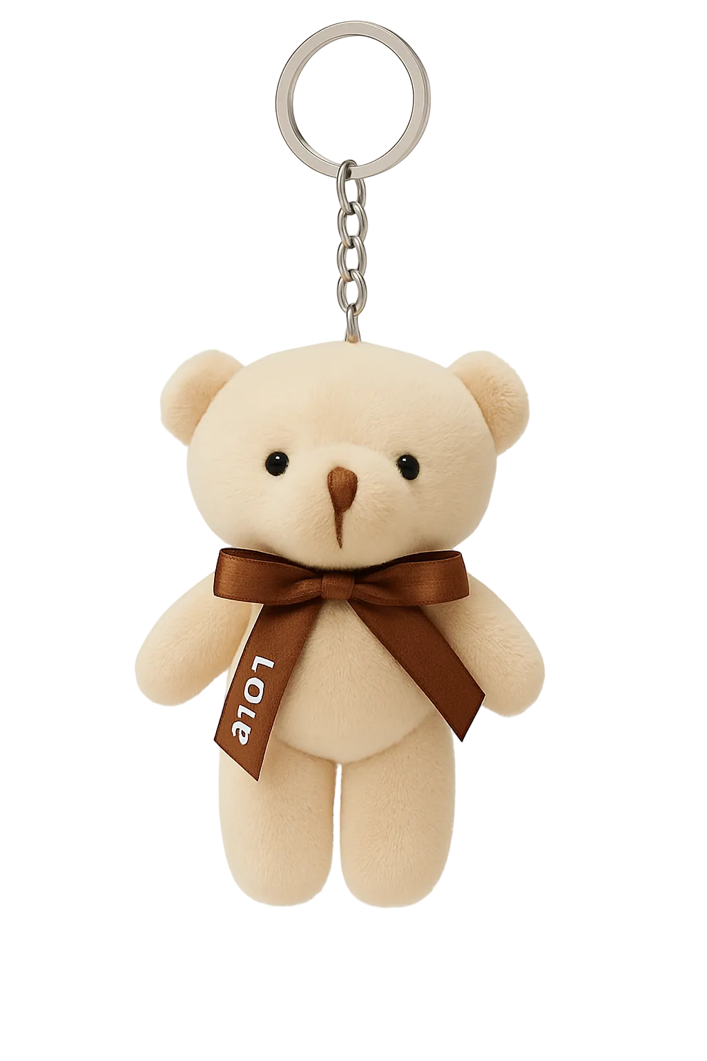 Beige teddy bear keychain with a brown bow and 'Love' text on a white background