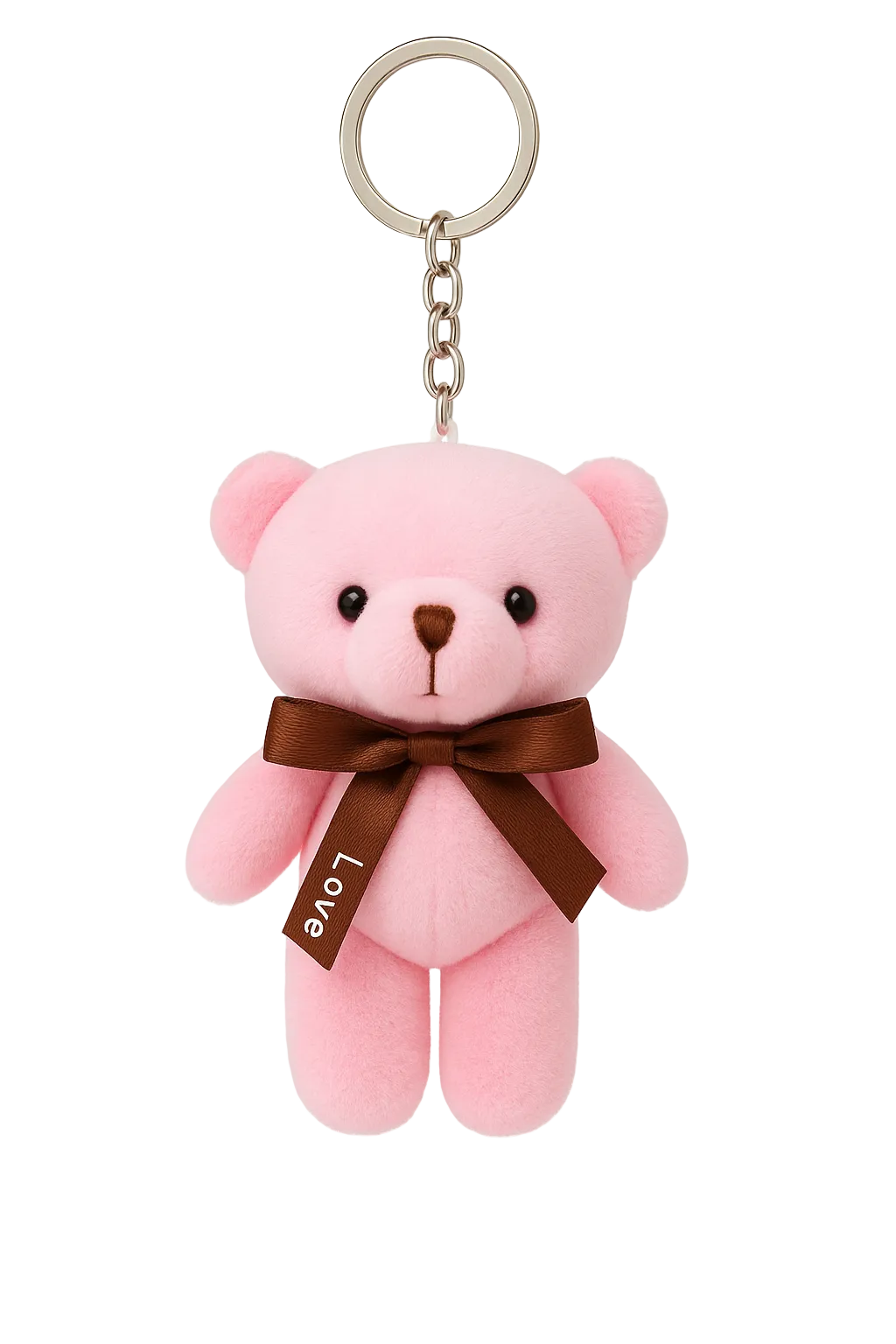 Pink teddy bear keychain with a brown bow and 'LOVE' text on a white background
