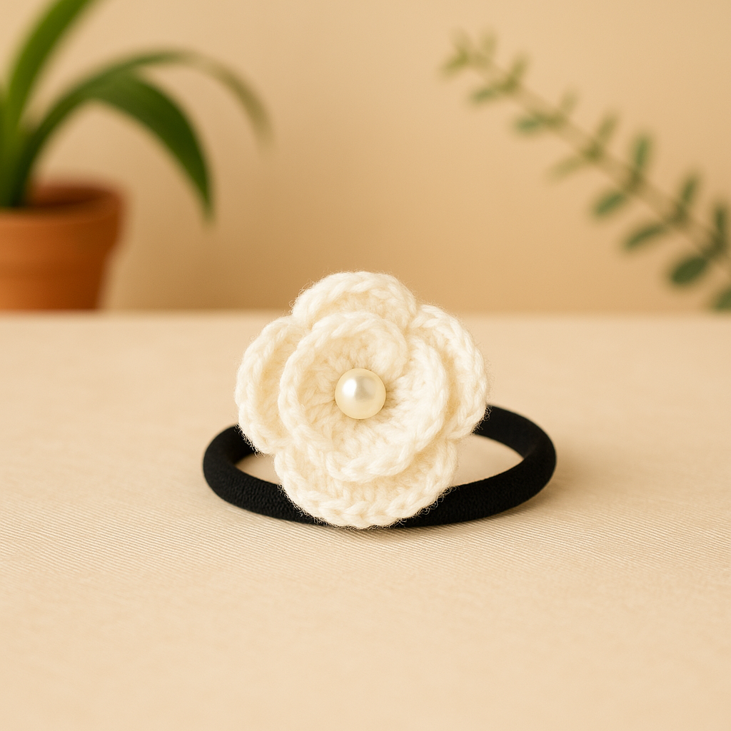 White Floral Crochet Hair Tie with Pearl (Pair of 2)