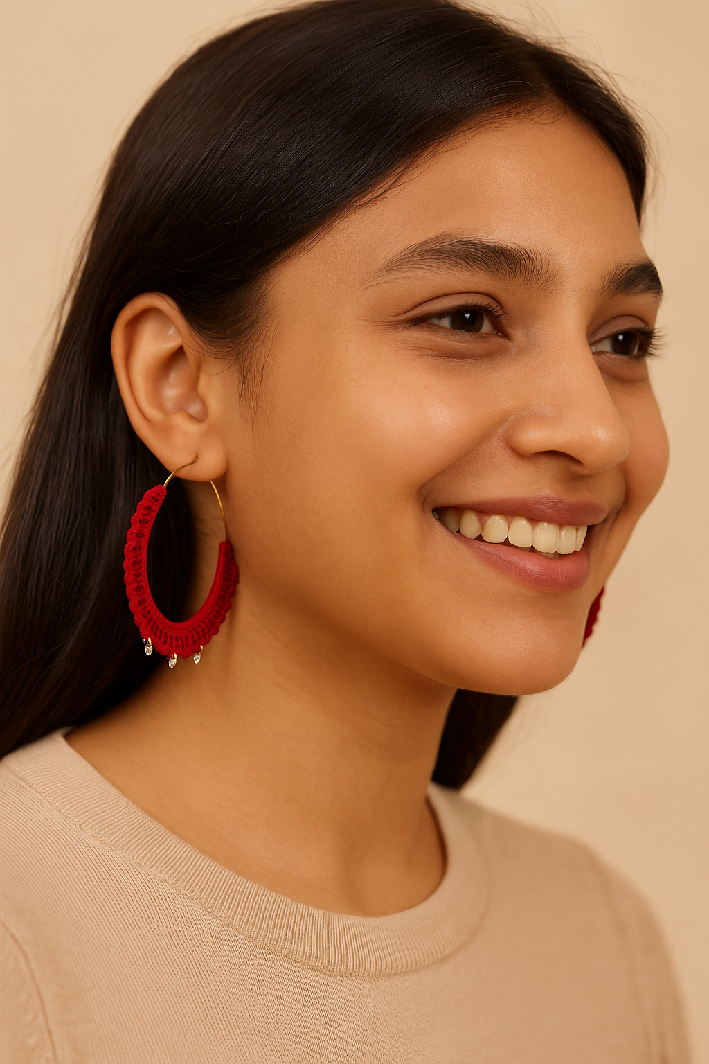 Handmade Red Crochet Hoop Earrings with Dangling Crystals