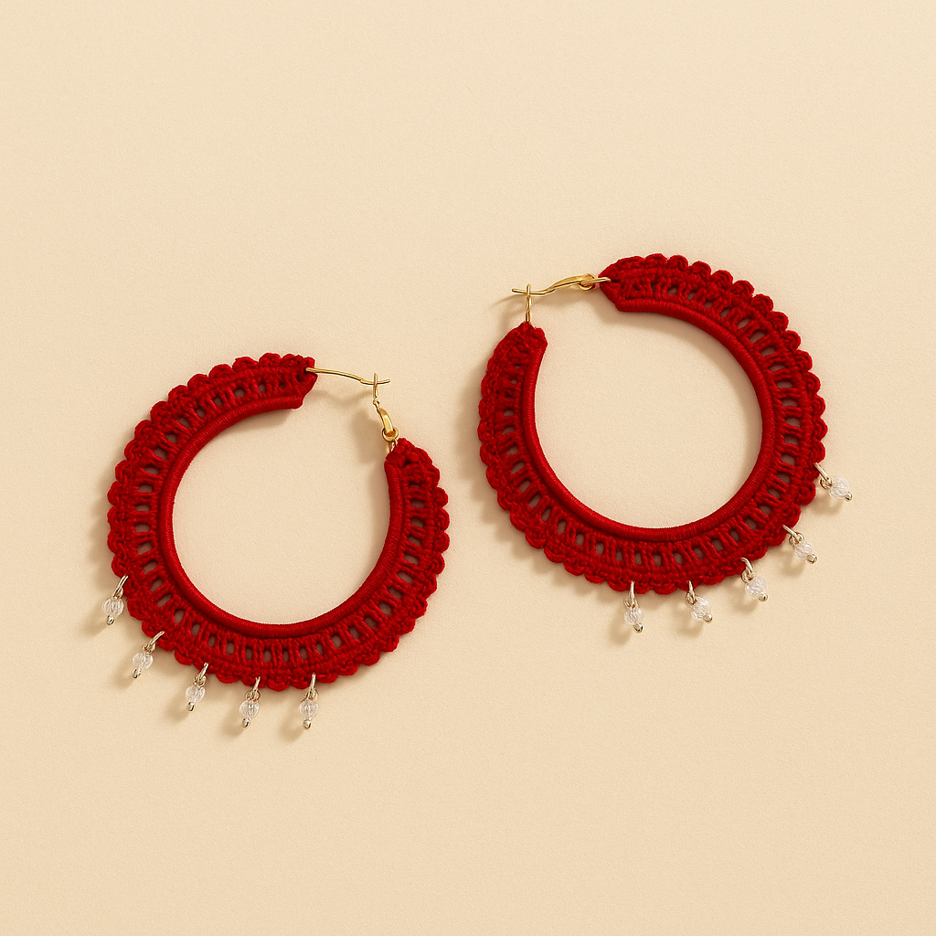 Handmade Red Crochet Hoop Earrings with Dangling Crystals