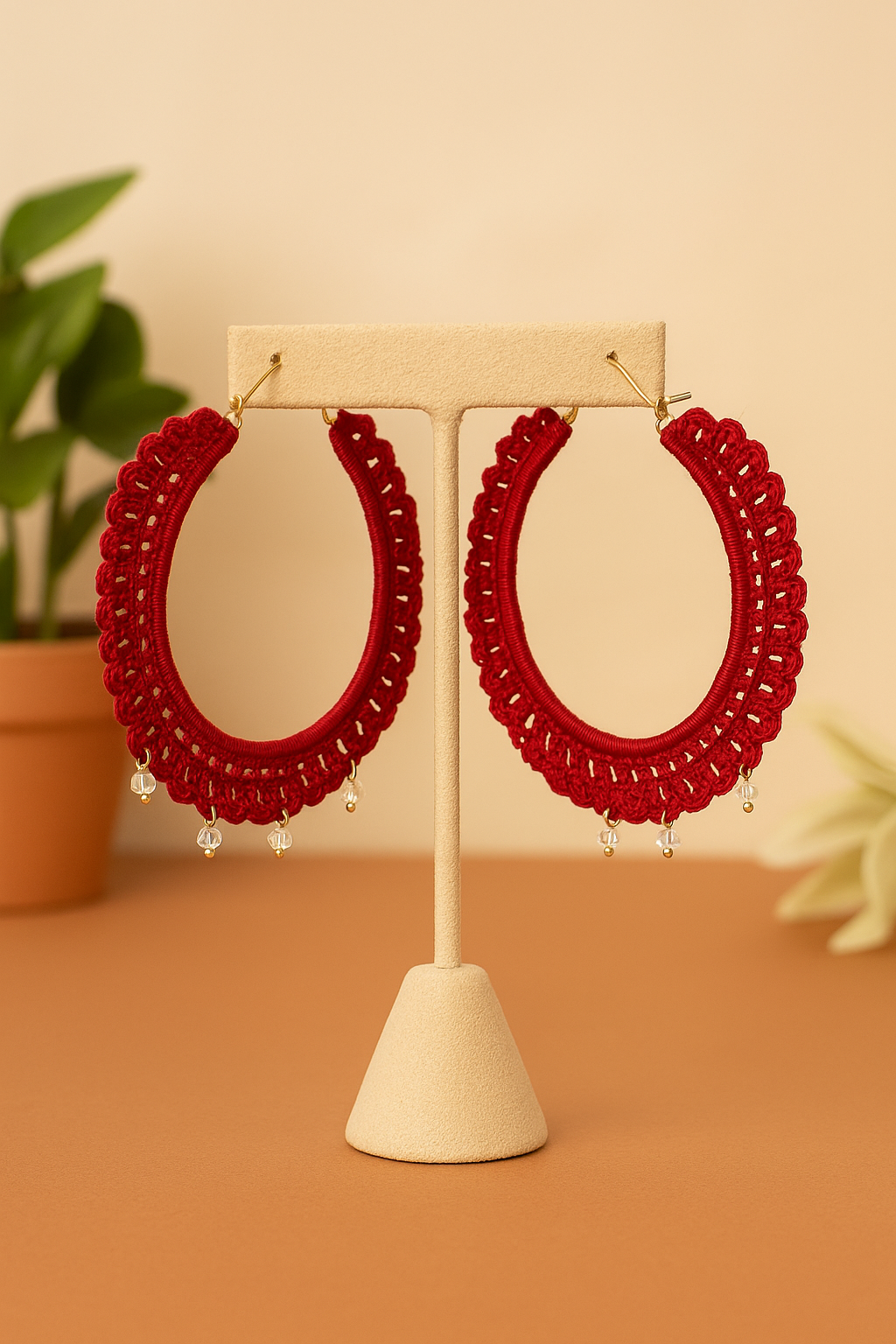 Handmade Red Crochet Hoop Earrings with Dangling Crystals