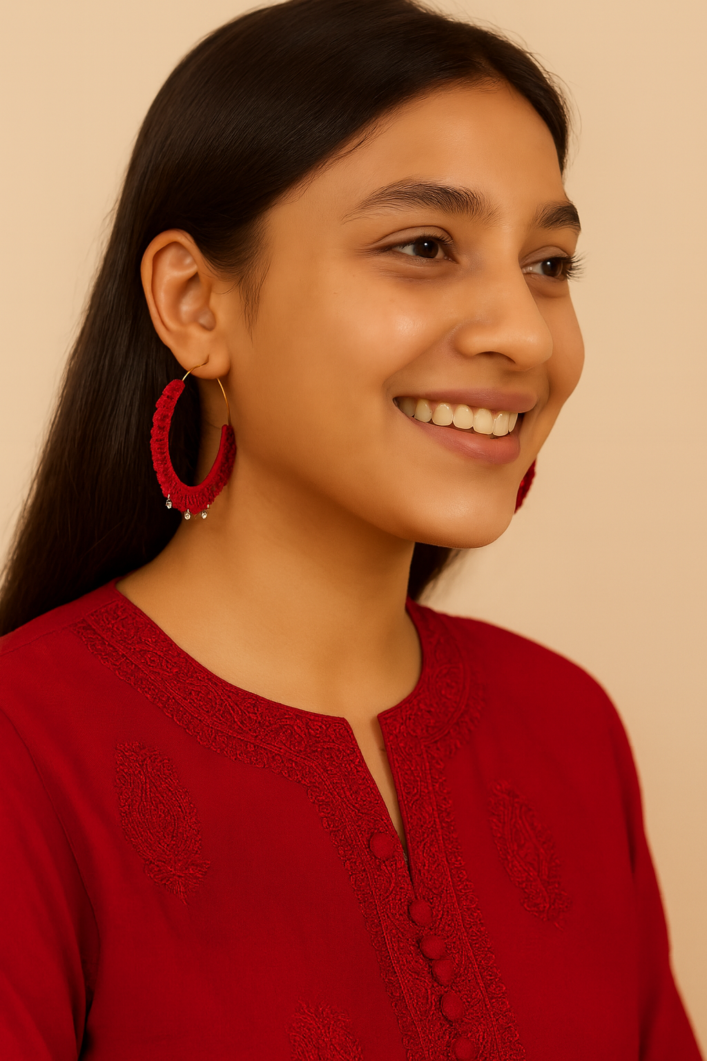 Handmade Red Crochet Hoop Earrings with Dangling Crystals