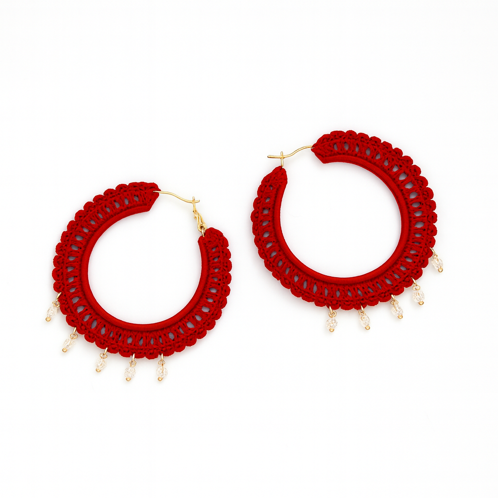 Handmade Red Crochet Hoop Earrings with Dangling Crystals
