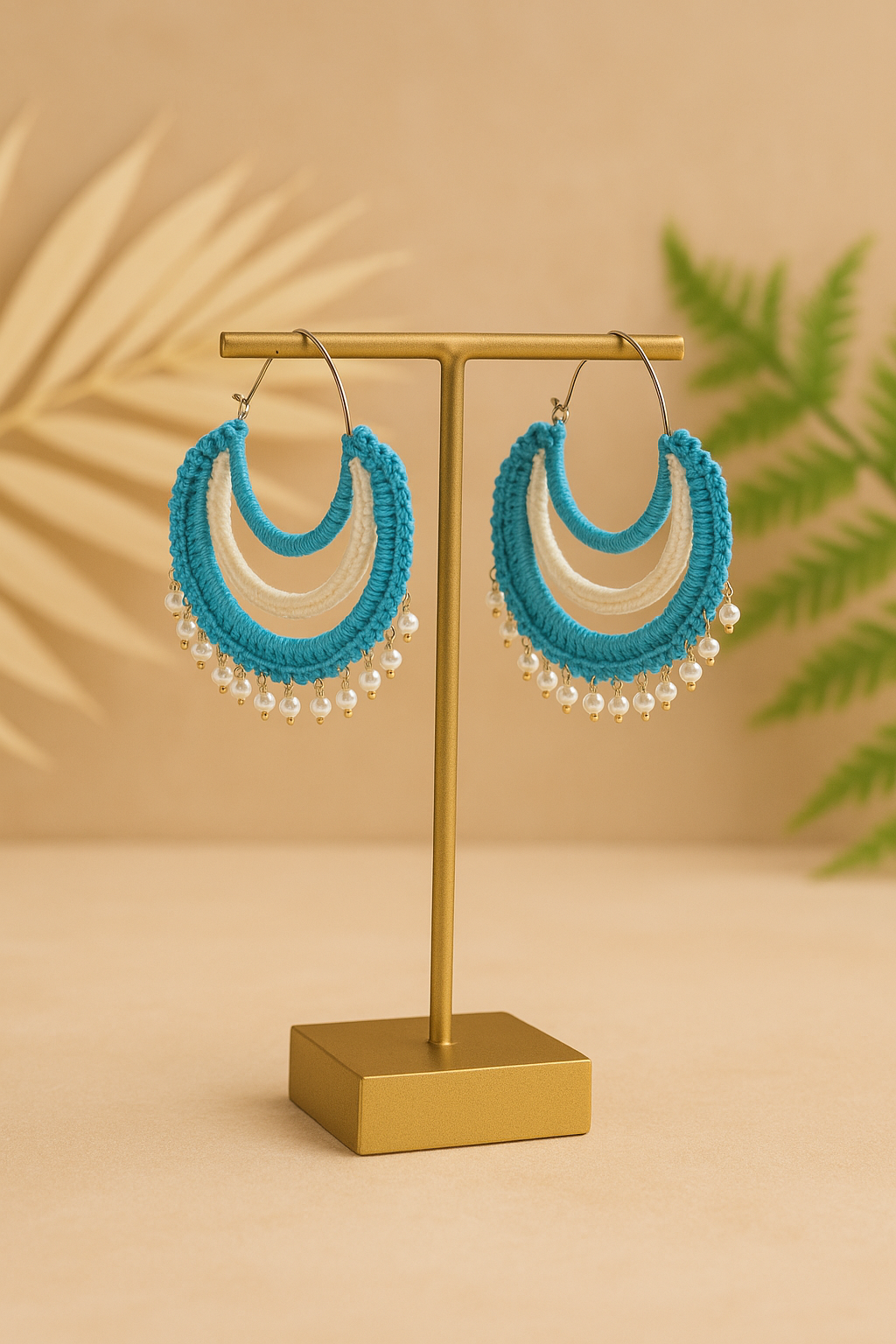 Handmade Blue & White Crochet Hoop Earrings