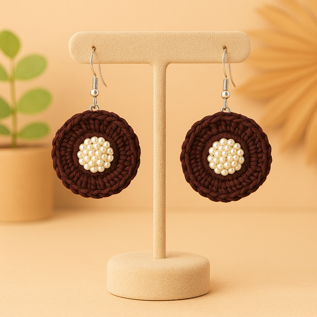 Brown Crochet Earrings with Pearl Center