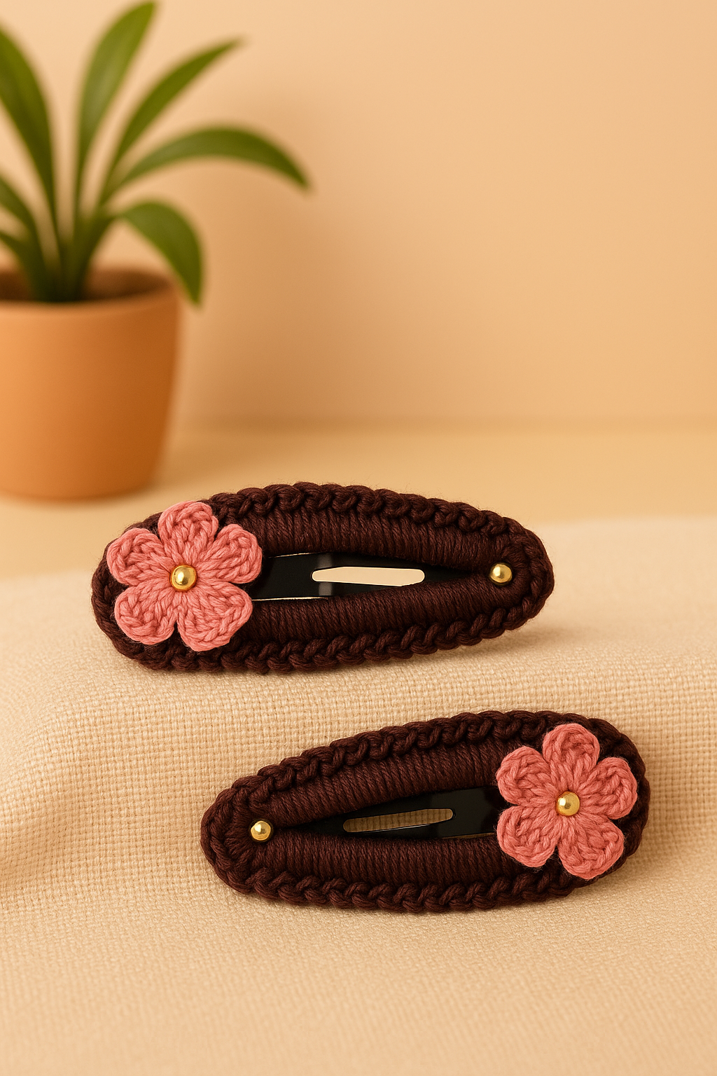 Handmade Pink Floral Crochet Hair Clip (Pair of 2)