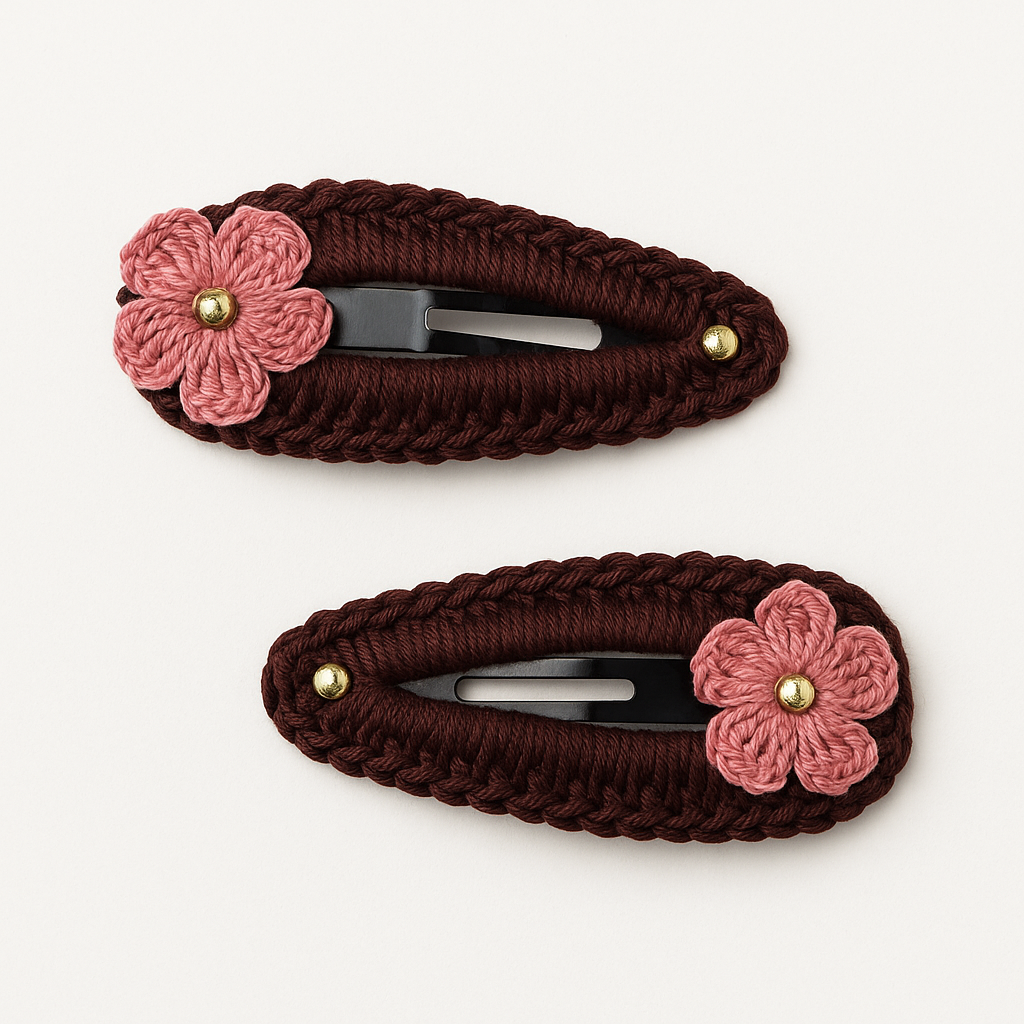Handmade Pink Floral Crochet Hair Clip (Pair of 2)