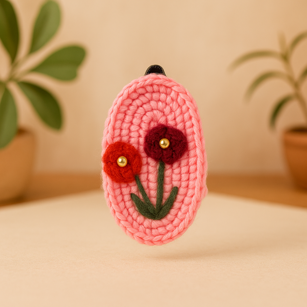 Pink Floral Embroidered Crochet Hair Clip