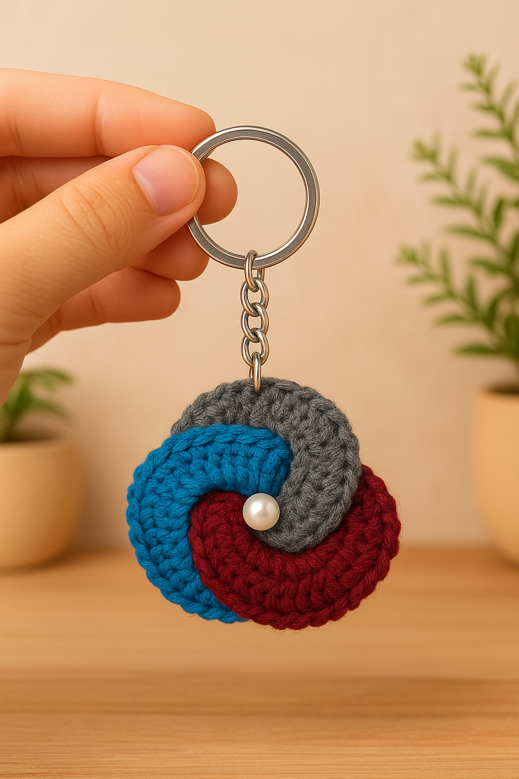 Tricolor Swirl Crochet Keychain with Pearl