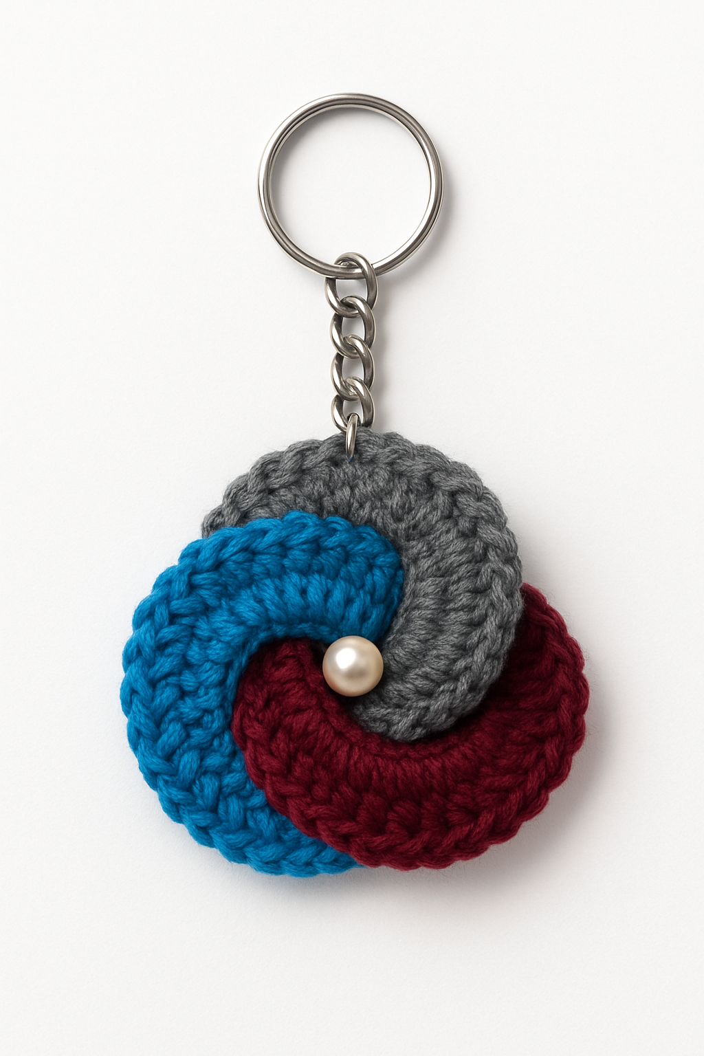 Tricolor Swirl Crochet Keychain with Pearl