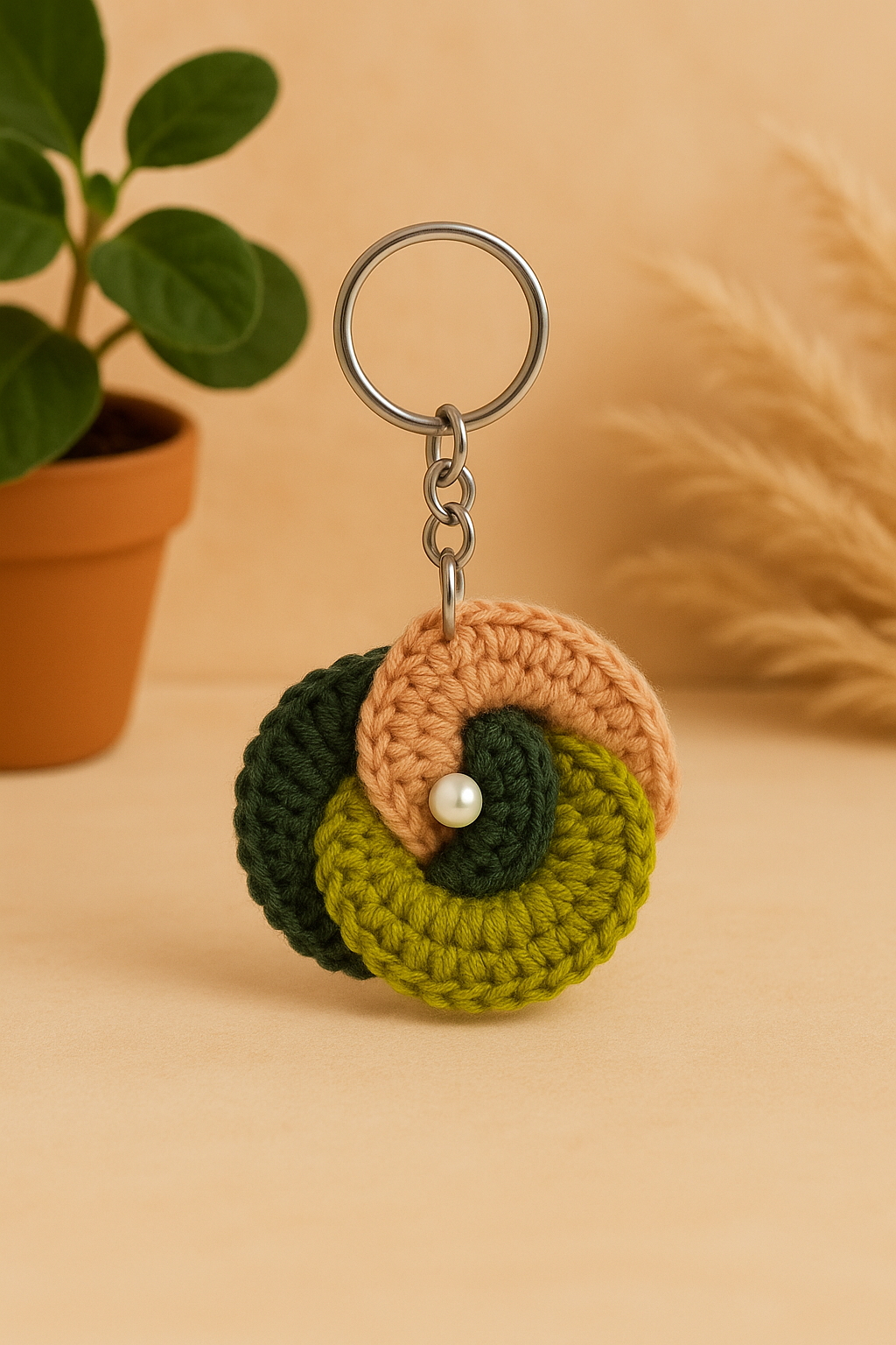 Earthy Swirl Crochet Keychain with Pearl