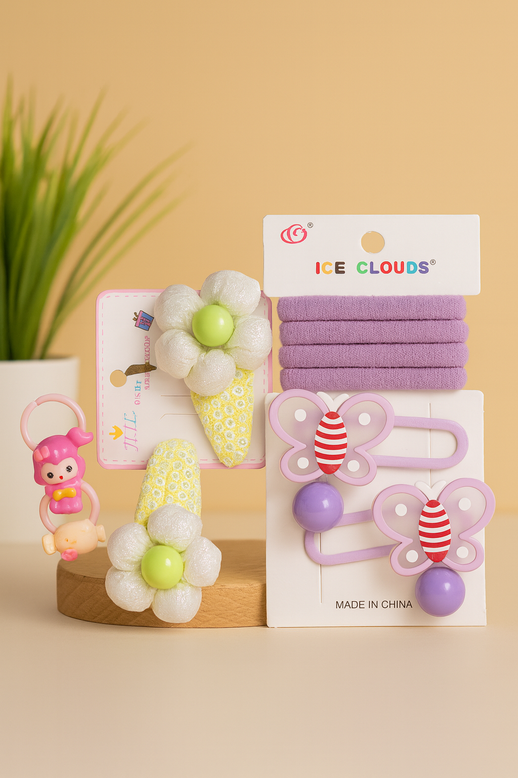 Kids Hair & Ring Accessory Set | 2 Hand Rings + 2 Flower Clips + Rubber Bands + 2 Butterfly Clips (Pack of 9)