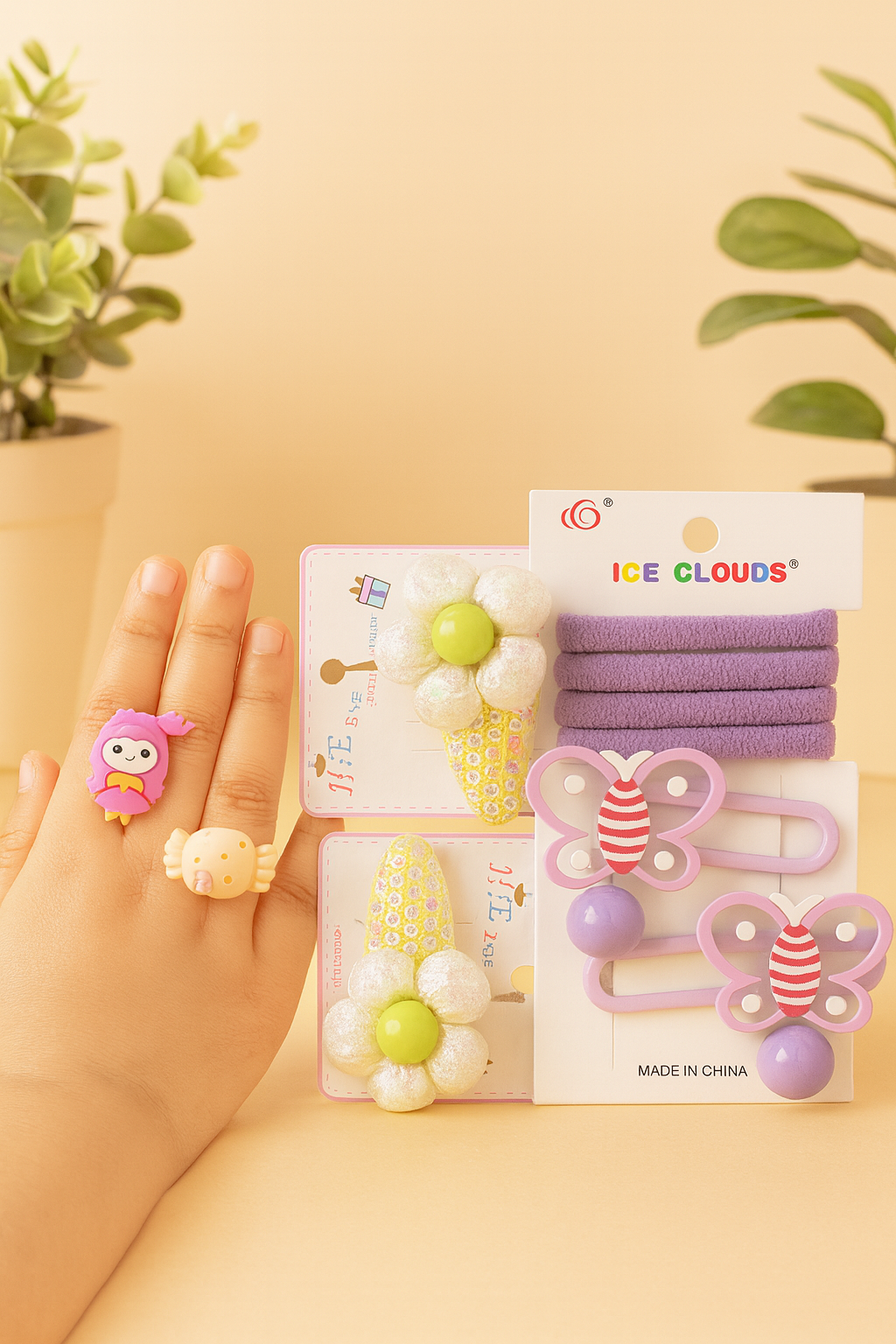 Kids Hair & Ring Accessory Set | 2 Hand Rings + 2 Flower Clips + Rubber Bands + 2 Butterfly Clips (Pack of 9)