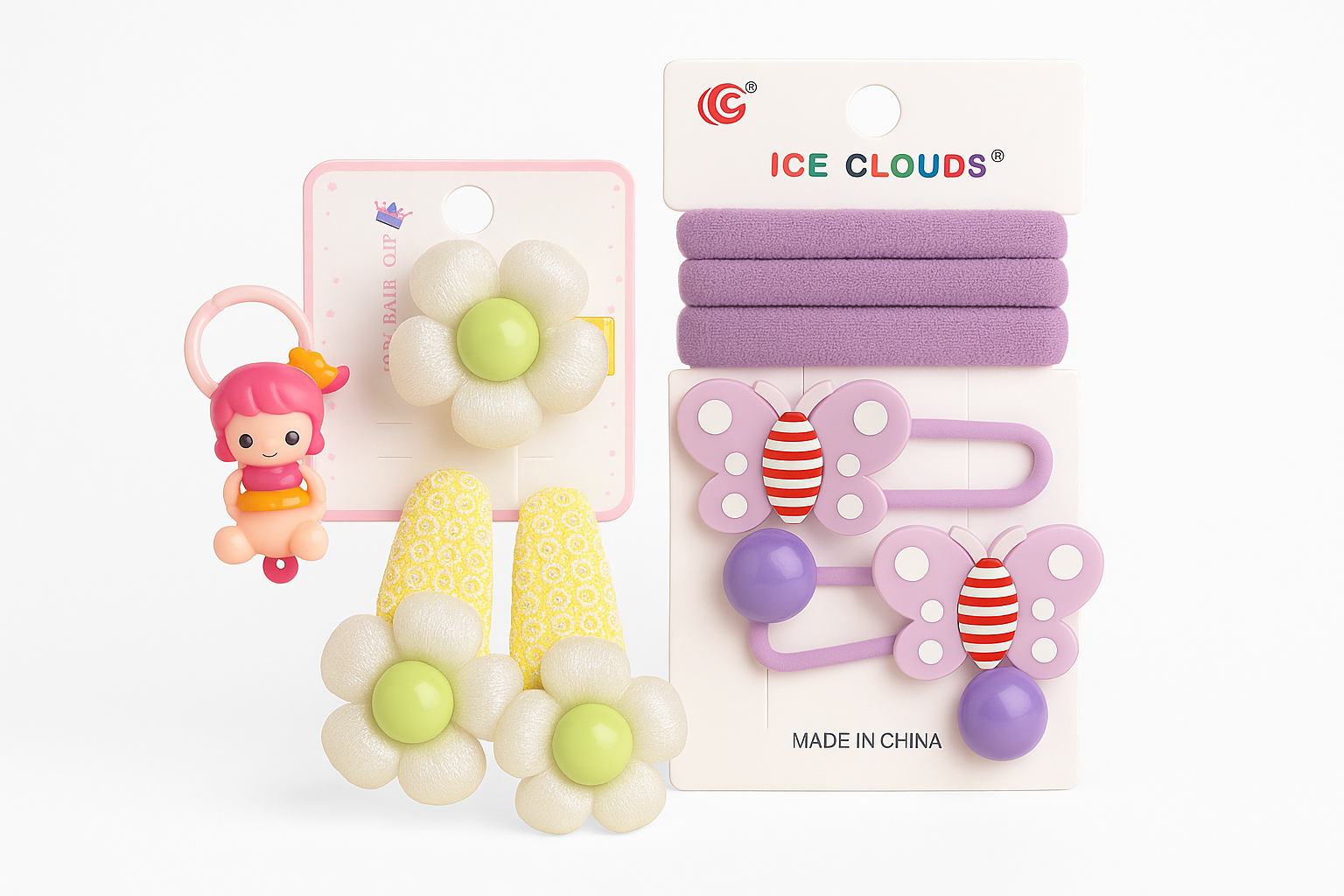 Kids Hair & Ring Accessory Set | 2 Hand Rings + 2 Flower Clips + Rubber Bands + 2 Butterfly Clips (Pack of 9)