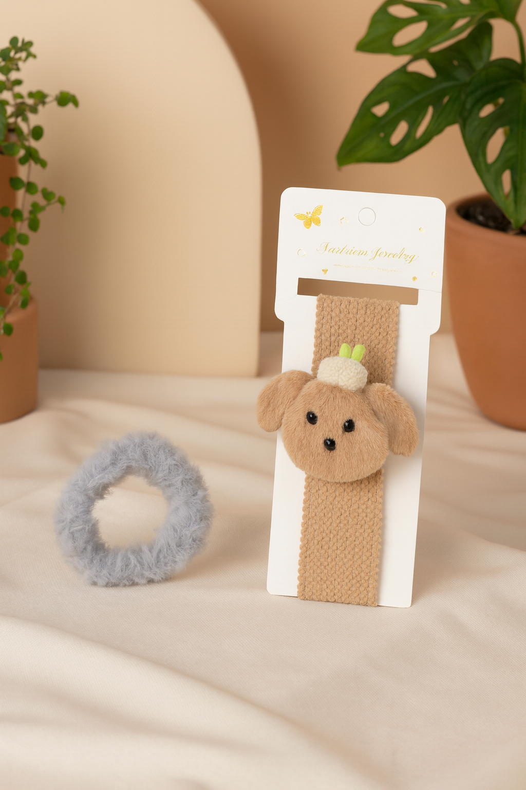 Cute Dog Headband & Fluffy Rubber Band Set for Girls | Perfect Kanjak Return Gift (SET OF 9)