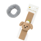 Knitted headband with bear design and gray scrunchie on a white background
