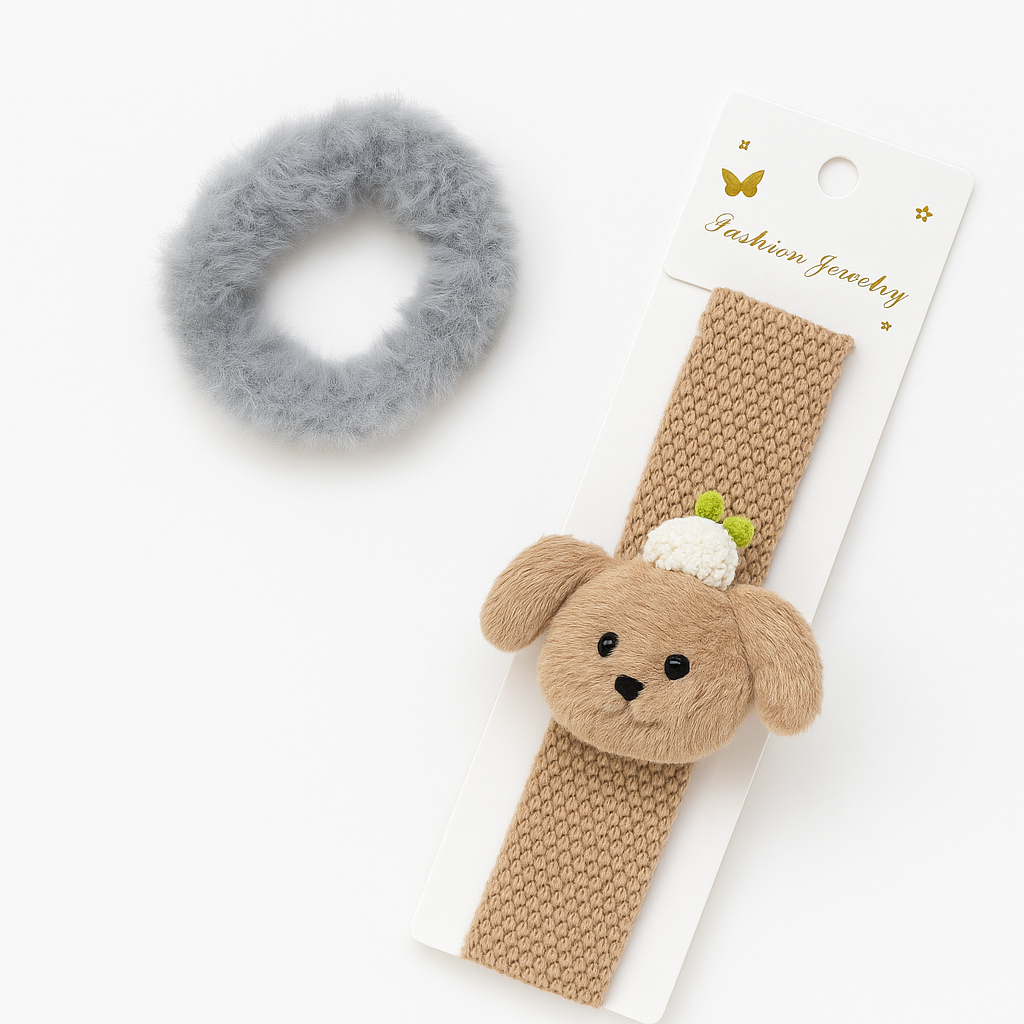 Cute Dog Headband & Fluffy Rubber Band Set for Girls | Perfect Kanjak Return Gift (SET OF 9)