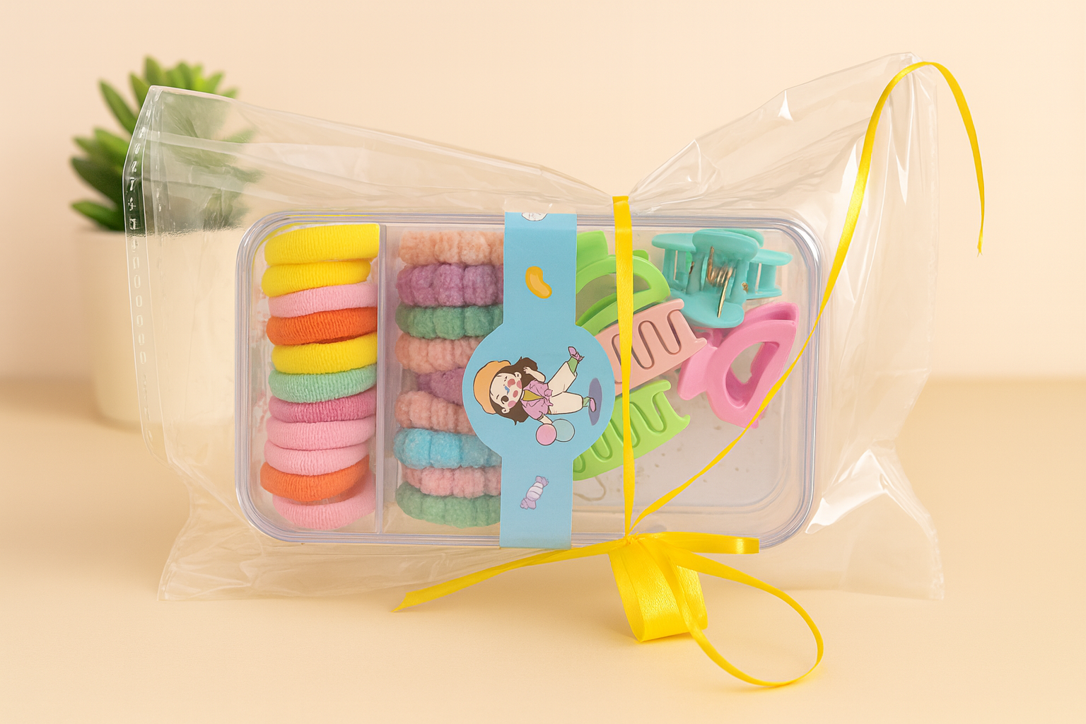 Girls Hair Accessory Gift Set | Colorful Rubber Bands + Cute Clutcher Clips (Pack of 9)