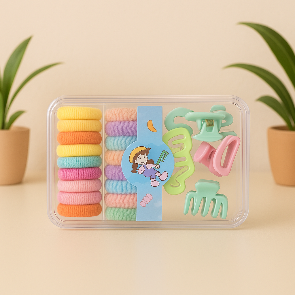 Girls Hair Accessory Gift Set | Colorful Rubber Bands + Cute Clutcher Clips (Pack of 9)
