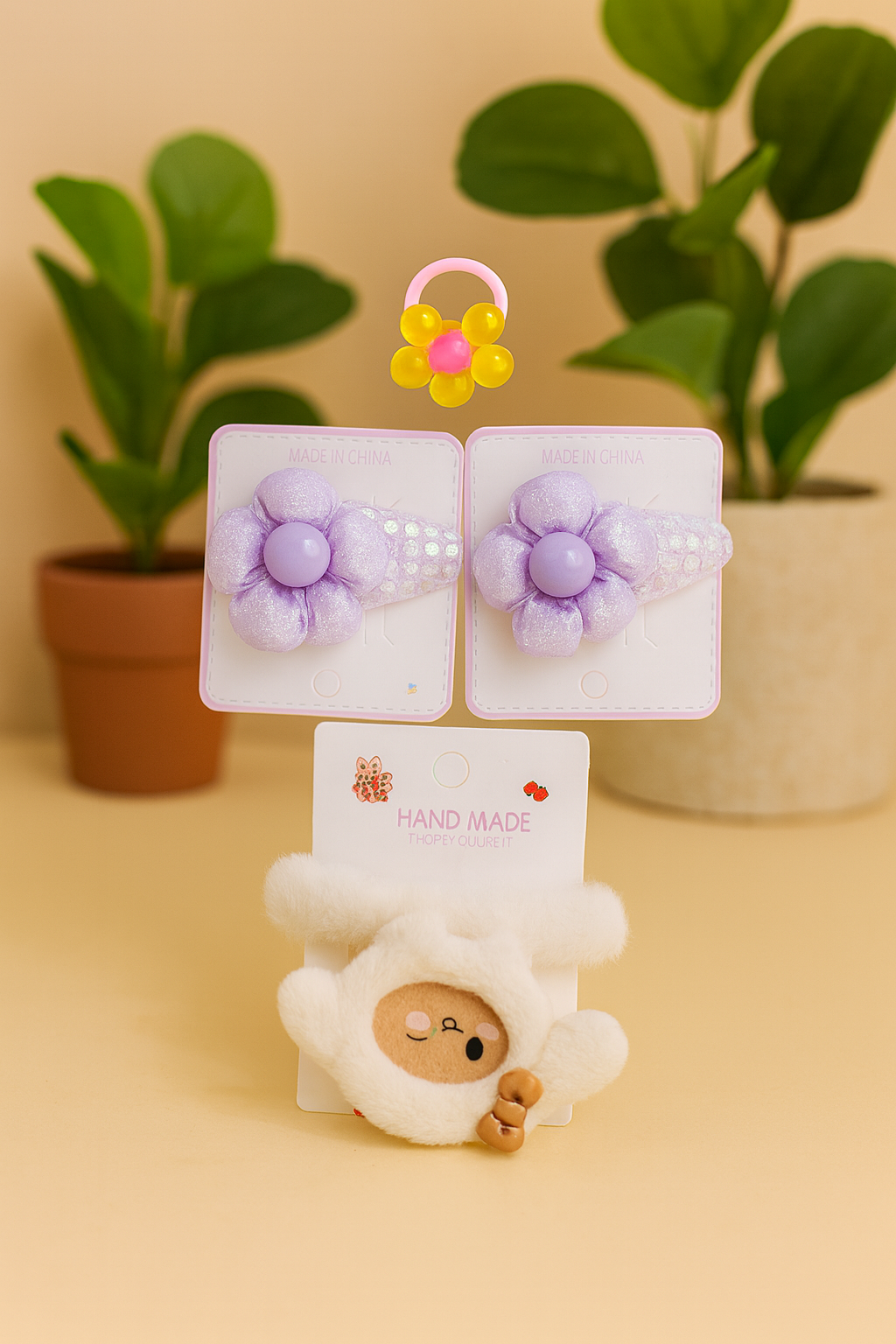 Flower Clips & Ring Combo | Cute Kids Hair Accessories set (Pack OF 9)