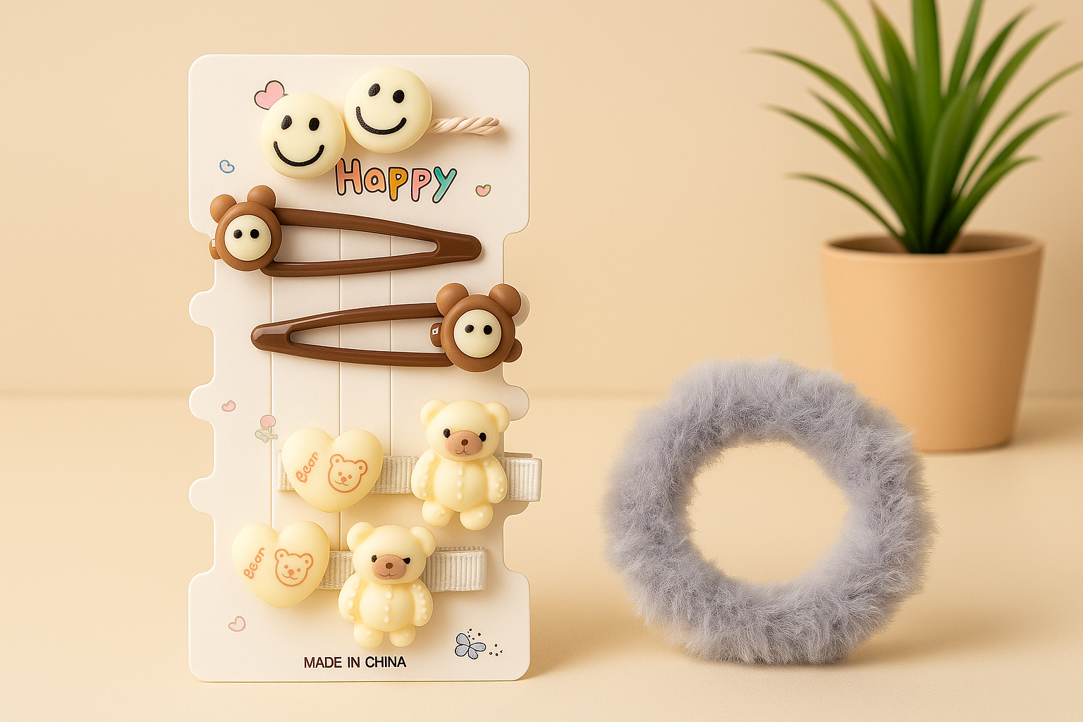 Cute Teddy Hair Accessory Set | Clips + Fluffy Scrunchie (Pack of 9)