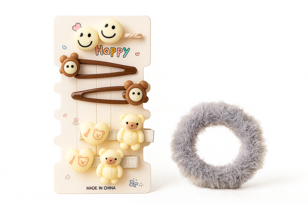 Cute Teddy Hair Accessory Set | Clips + Fluffy Scrunchie (Pack of 9)