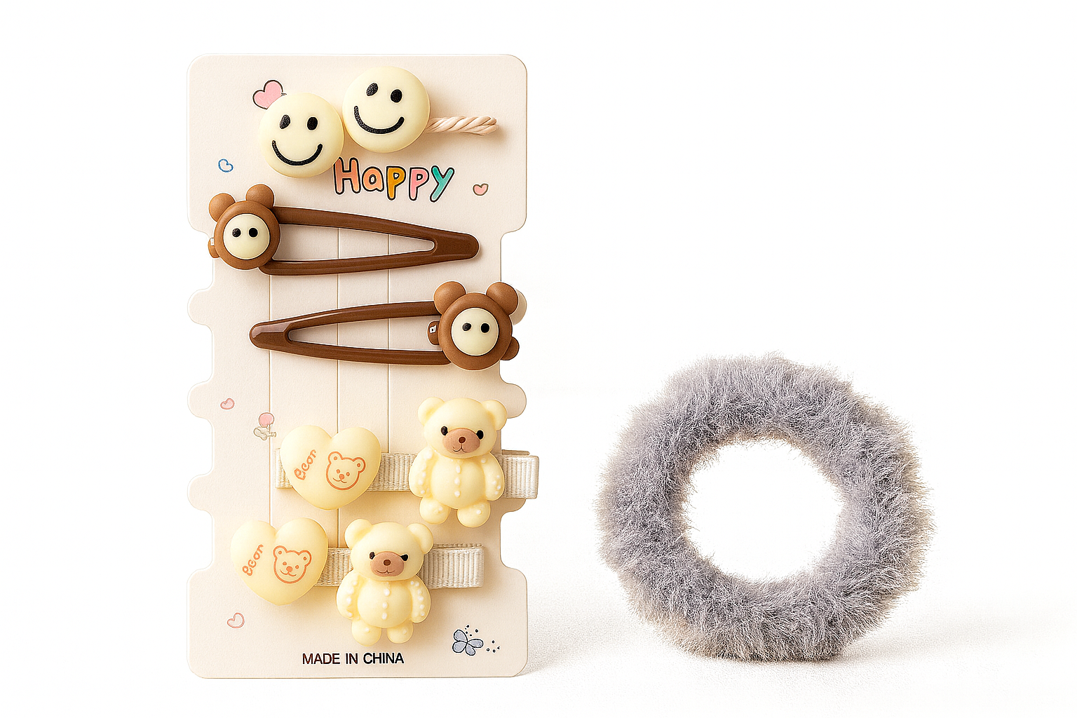 Cute Teddy Hair Accessory Set | Clips + Fluffy Scrunchie (Pack of 9)