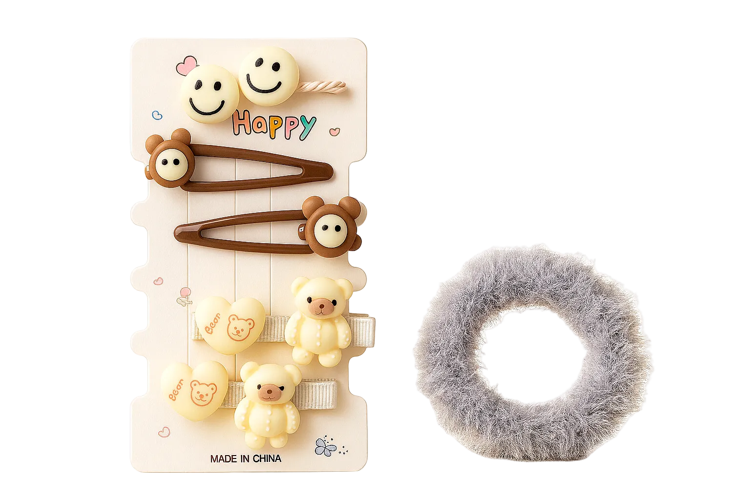 Set of cute hair clips with animal designs on a white background