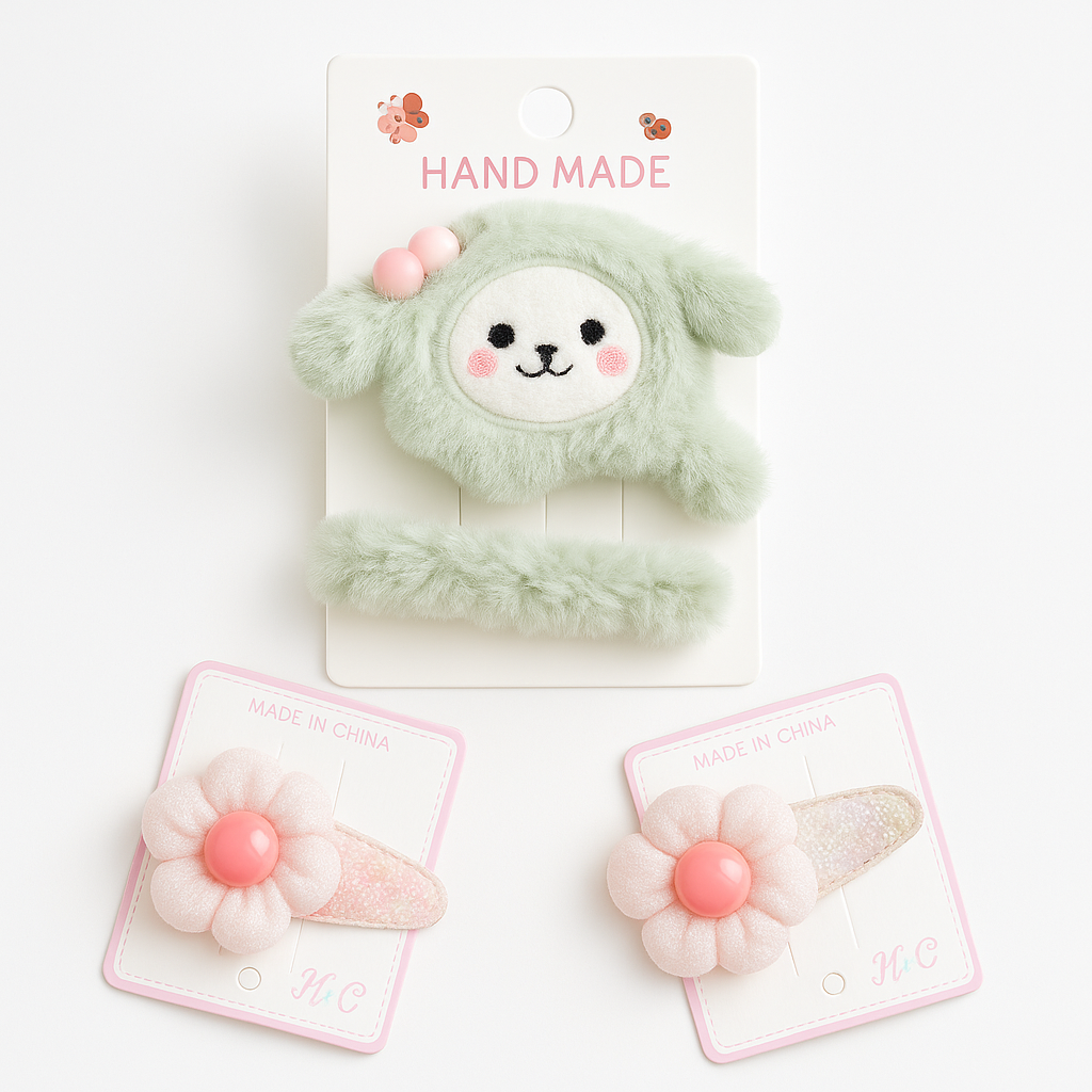 Girls Hair Styling Set | Soft Plush Clip & Sparkly Flower Clips (Pack OF 9)