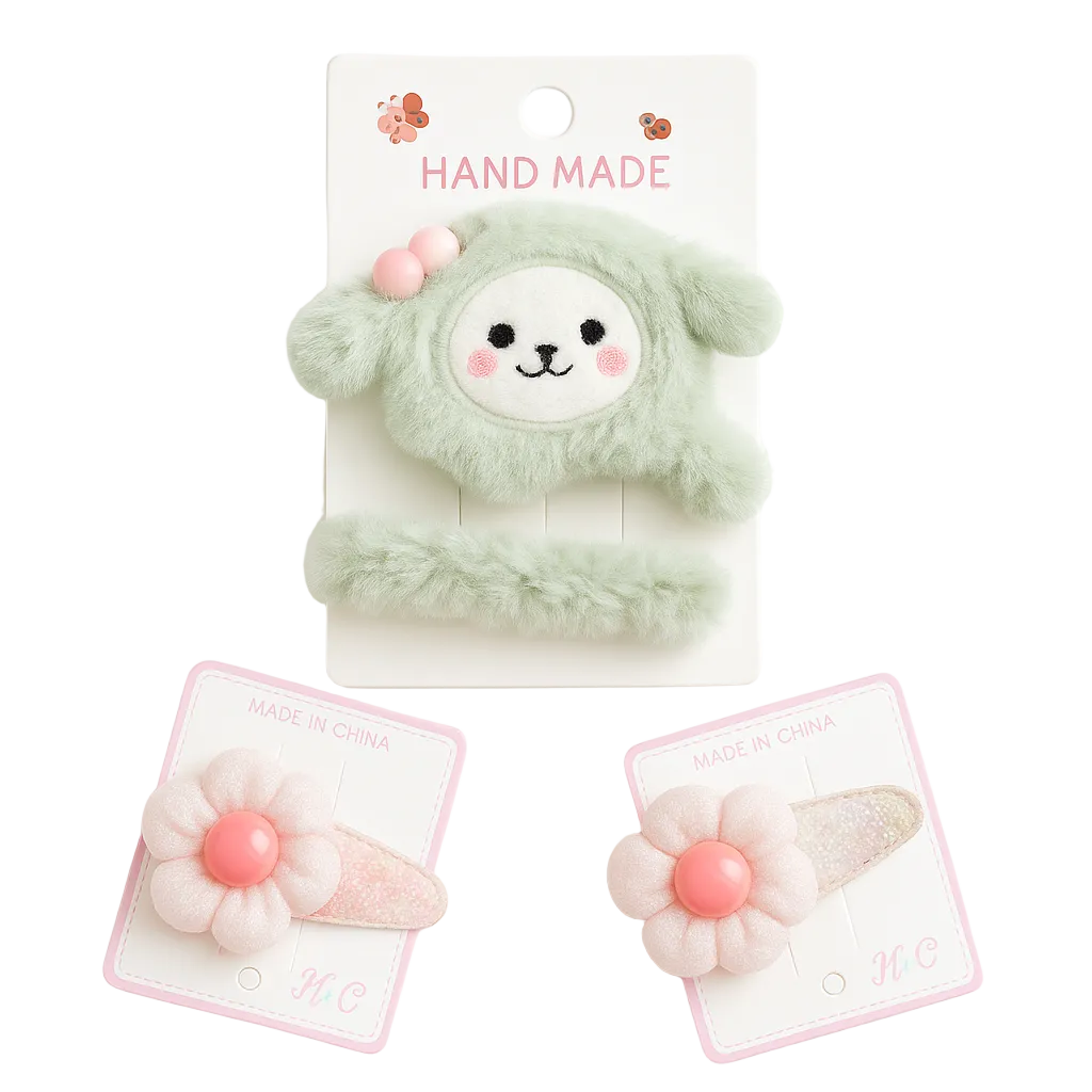 Handmade green plush toy with a smiling face on a white background