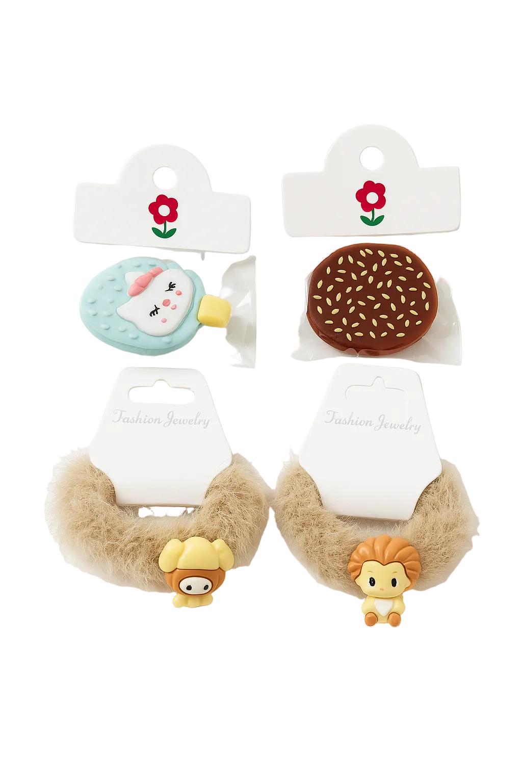 Two small plush toys with animal faces on white cards against a white background