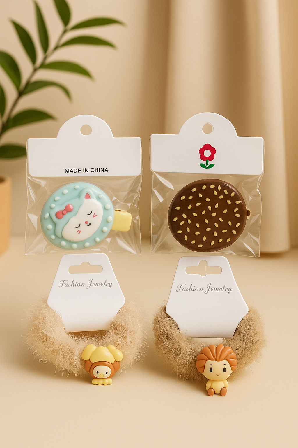 Cute Ice Cream Hair Pins & Cartoon Rubber Bands Set (Pack of 9)