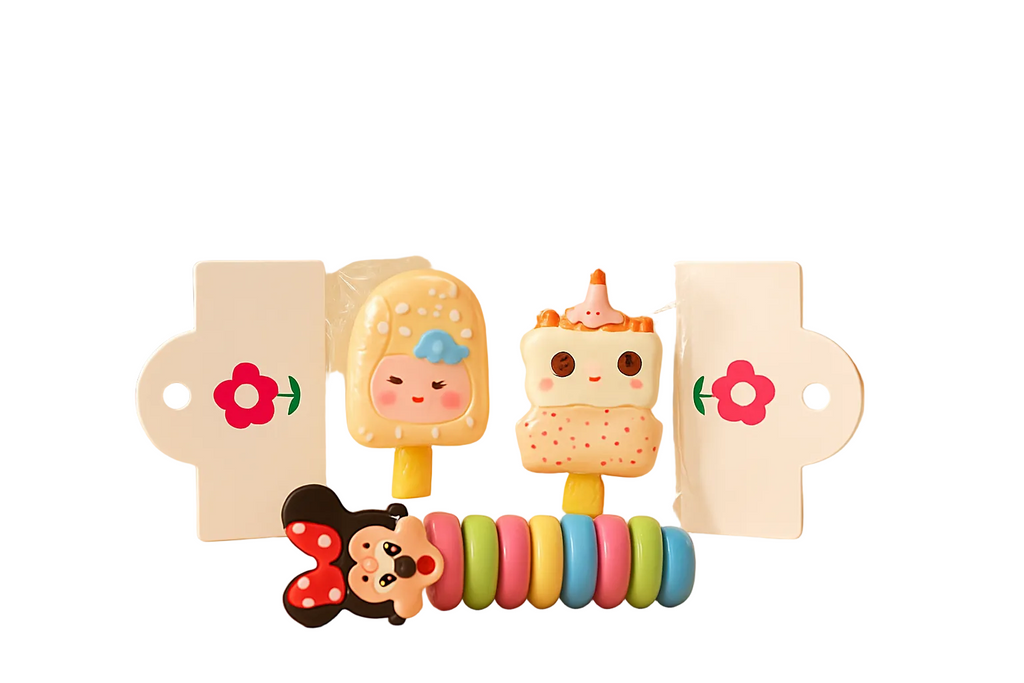 Colorful cartoon-style ice cream and cookie clips on a beige background with plants.