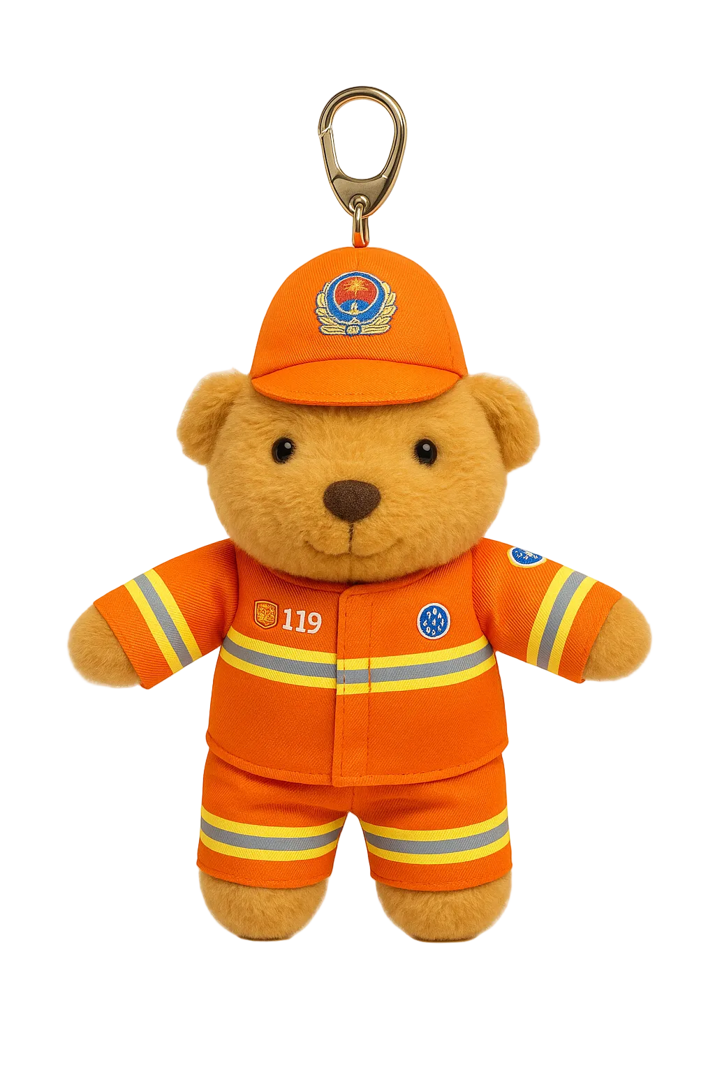 Plush bear toy in an orange fireman uniform with a keychain clip on a white background