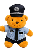 Plush teddy bear in police uniform with a cap on a white background