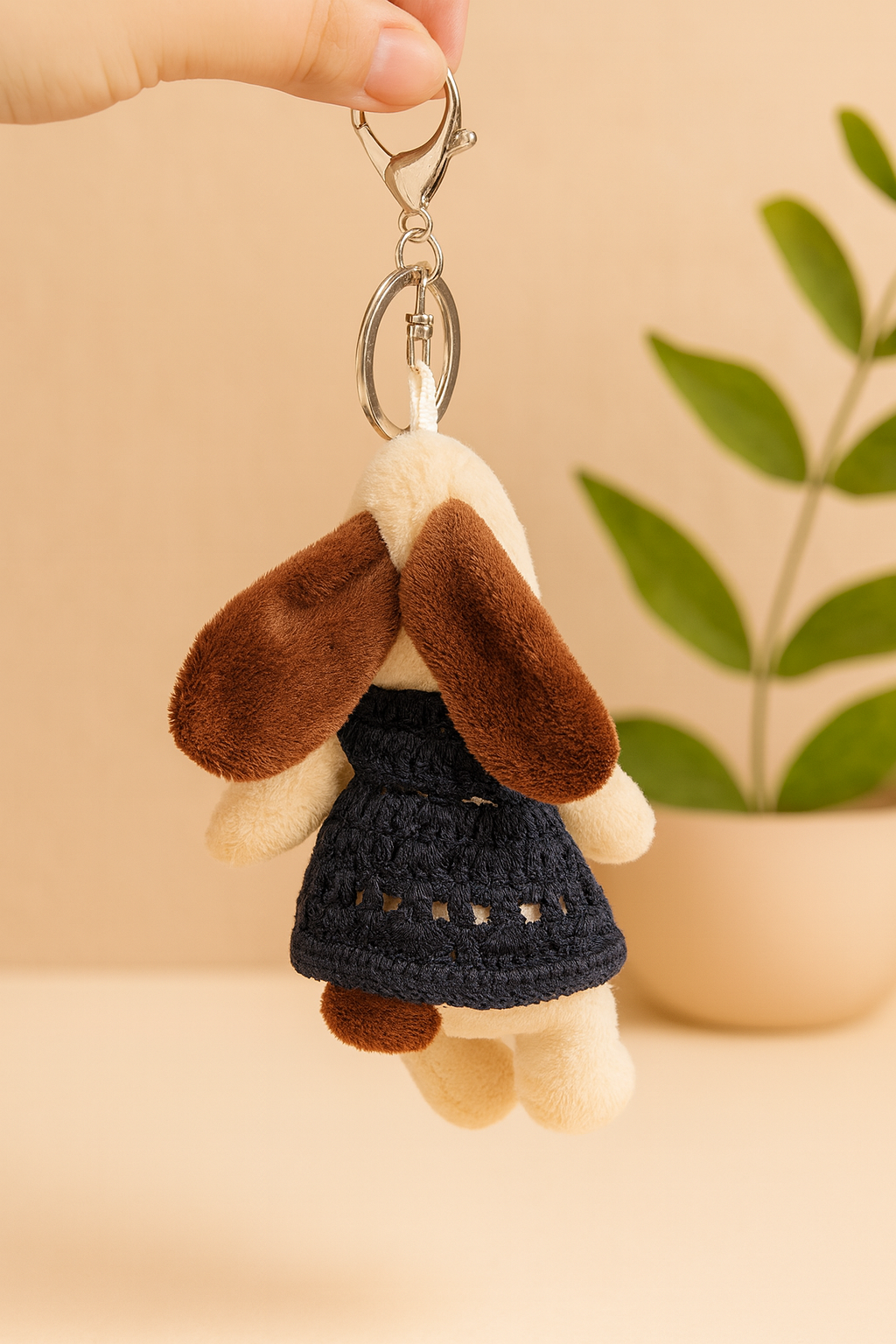 Cute Plush Dog Keychain with Crochet Dress – Soft Toy Charm