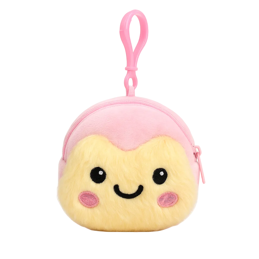 Plush pouch with a smiley face design on a white background