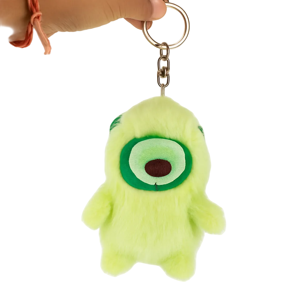 Plush keychain with a single eye design held by a hand on a white background