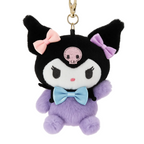 Plush keychain with black cat design, colorful bows, and skull emblem on a white background