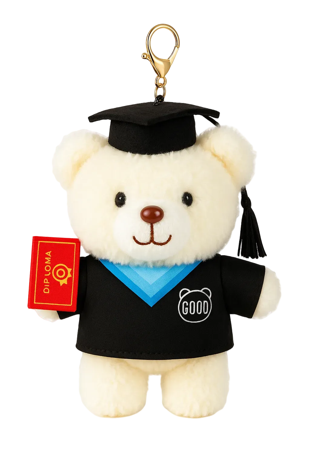 Graduation-themed teddy bear keychain with a diploma and 'GOOD' shirt on a white background
