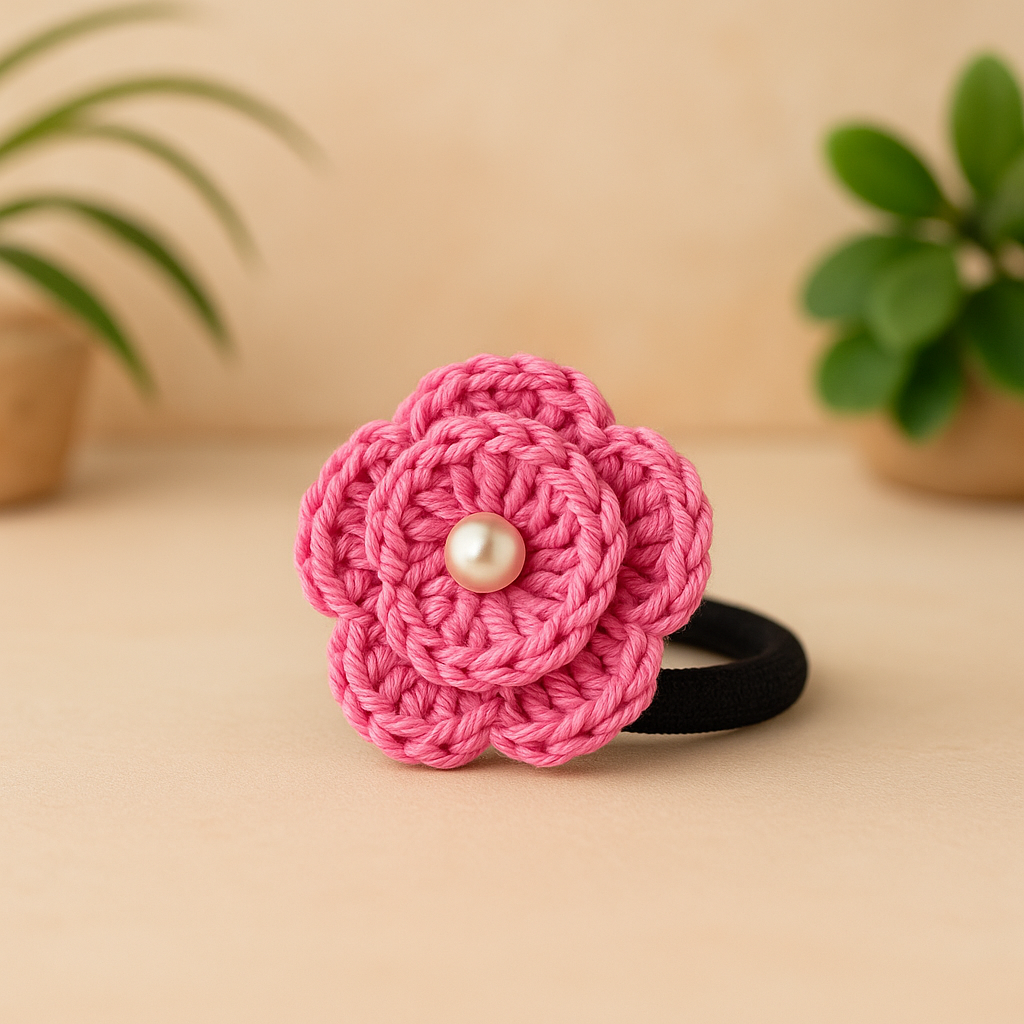 White Floral Crochet Hair Tie with Pearl (Pair of 2)