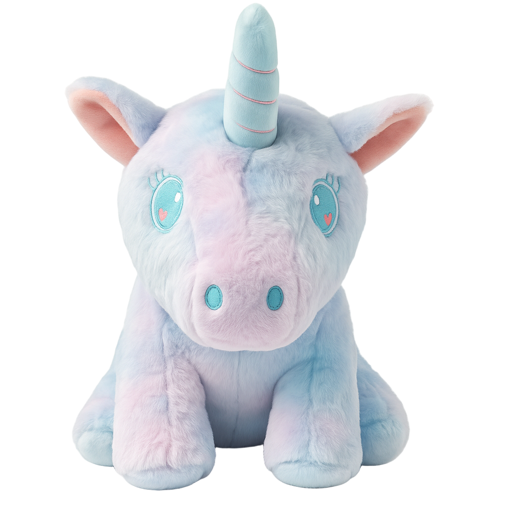 Plush unicorn toy with pastel colors on a white background